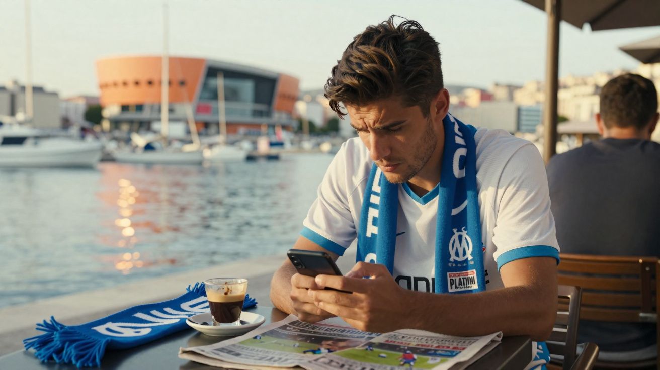 Junger Mann mit Fußballschal sitzt am Hafen, schaut auf Handy, Kaffee und Zeitung auf dem Tisch.