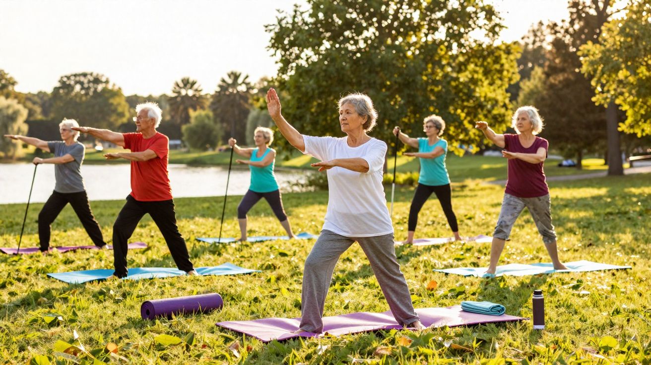 Seniorinnen und Senioren praktizieren Tai Chi gemeinsam auf Yogamatten im Park an einem sonnigen Tag.