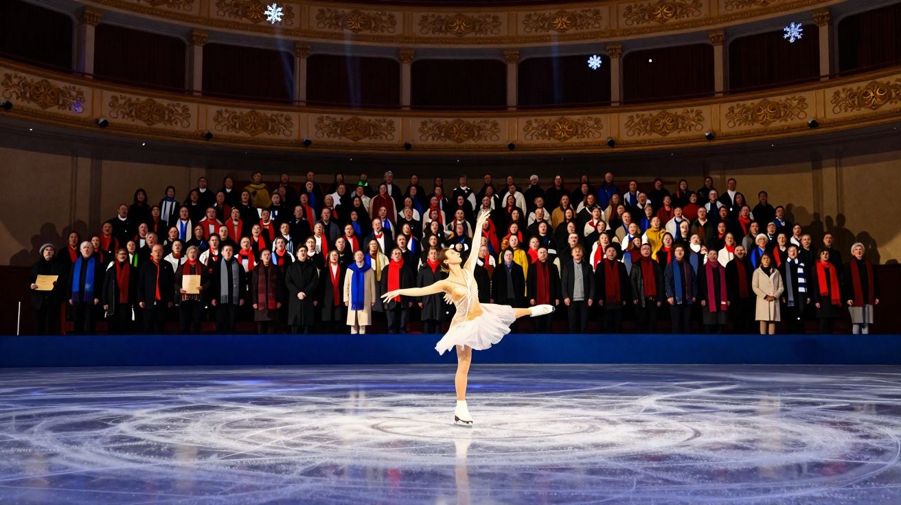 Eiskunstläuferin im weißen Kleid dreht sich auf der Eisfläche, im Hintergrund großer Chor in bunten Schals.