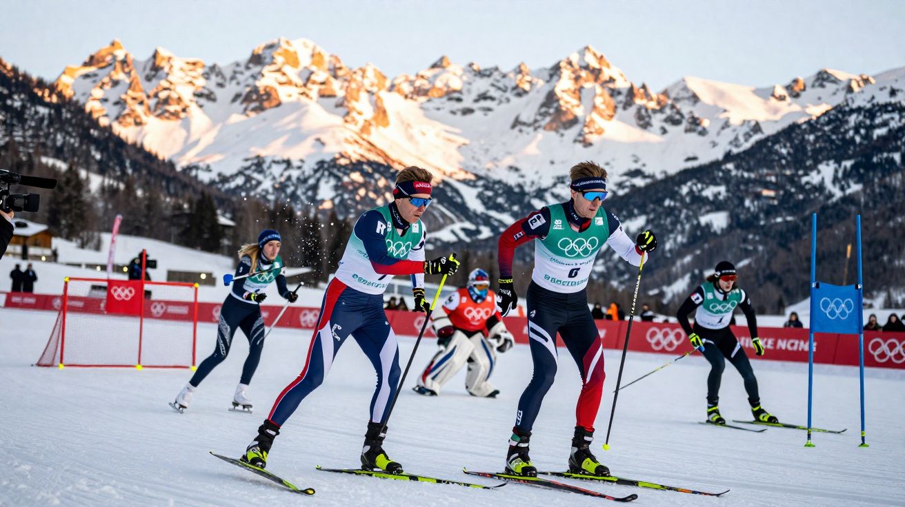 Skilangläufer kämpfen bei Olympischen Winterspielen vor verschneiten Bergen und Zuschauern um den Sieg.