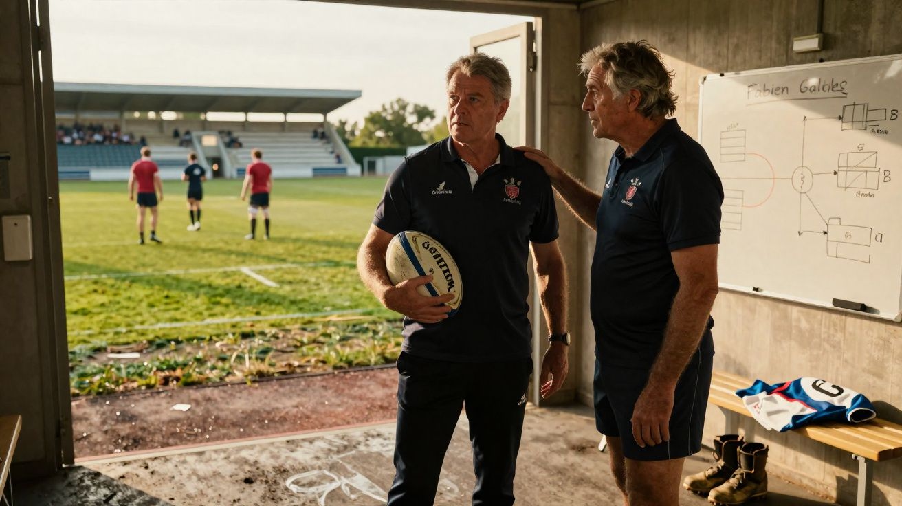 Zwei Männer in Sportkleidung stehen im Umkleideraum, einer hält einen Rugbyball, im Hintergrund Spielfeld und Spieler.
