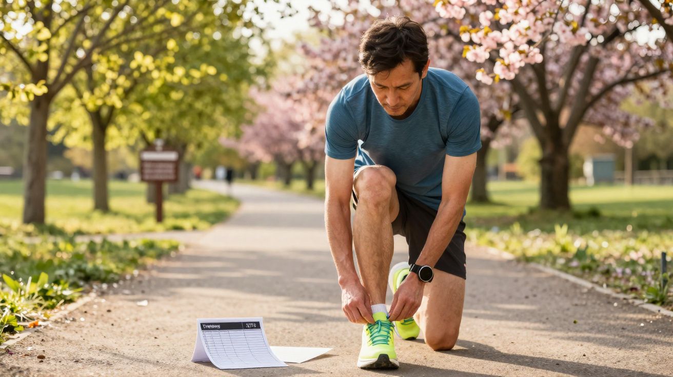 Mann bindet im Park beim Joggen seine Schuhe, umgeben von blühenden Bäumen im Frühling.