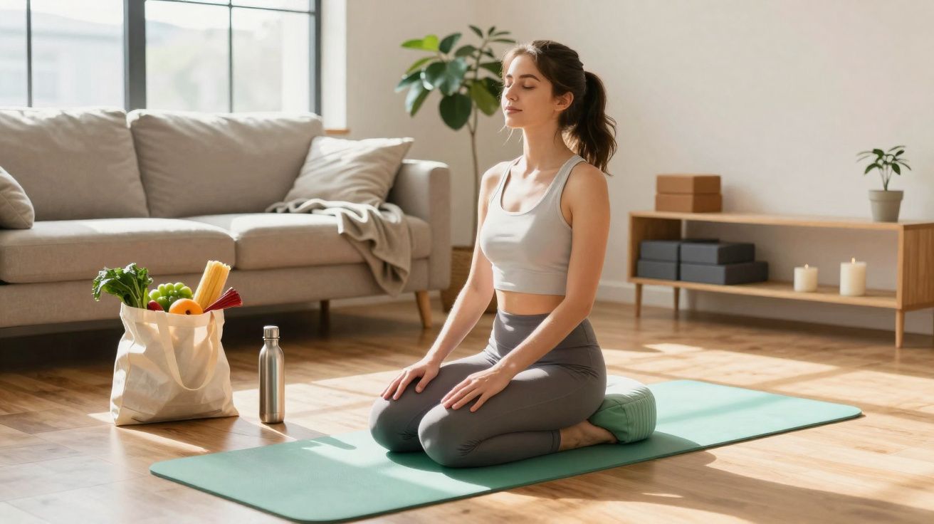 Frau meditiert auf Yogamatte im Wohnzimmer, neben Einkaufstüte mit frischem Gemüse und Edelstahlflasche.