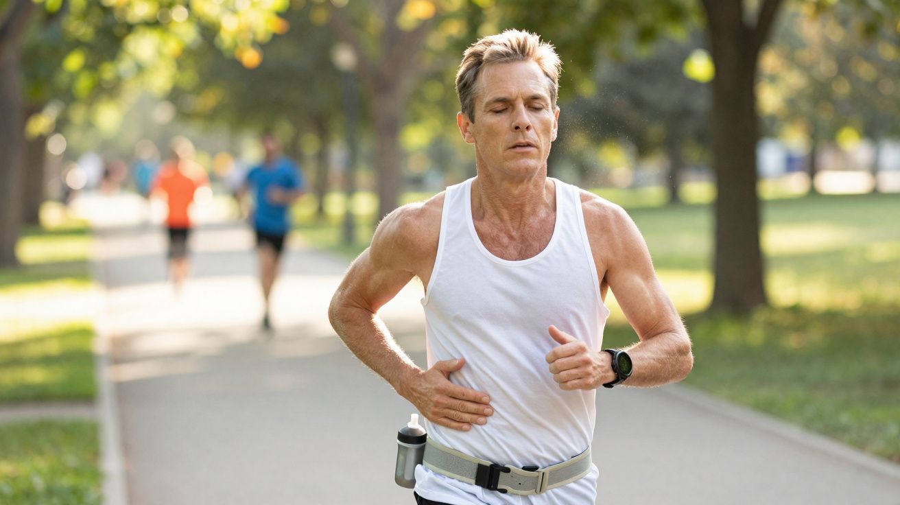 Mann mittleren Alters joggt im Park, trägt weißes Tanktop und Smartwatch, im Hintergrund weitere Läufer.
