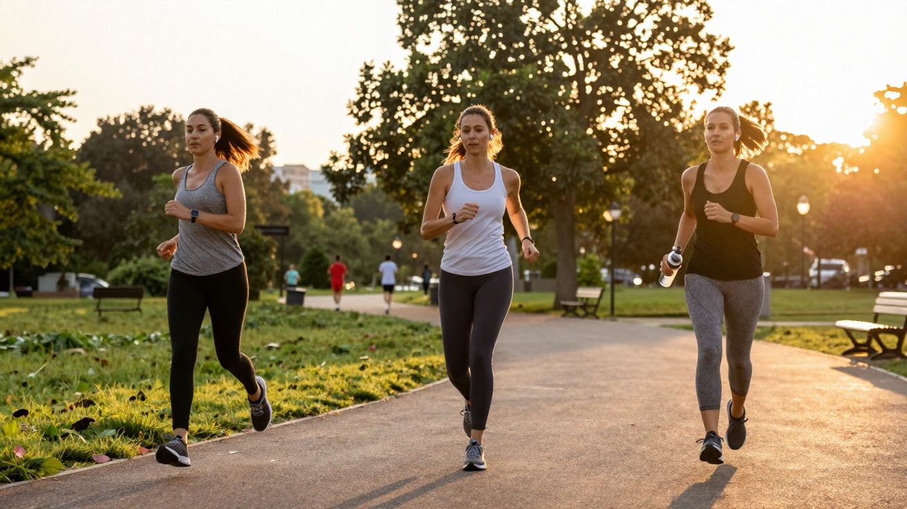 Drei Frauen joggen bei Sonnenuntergang gemeinsam auf einem Weg in einem Park.