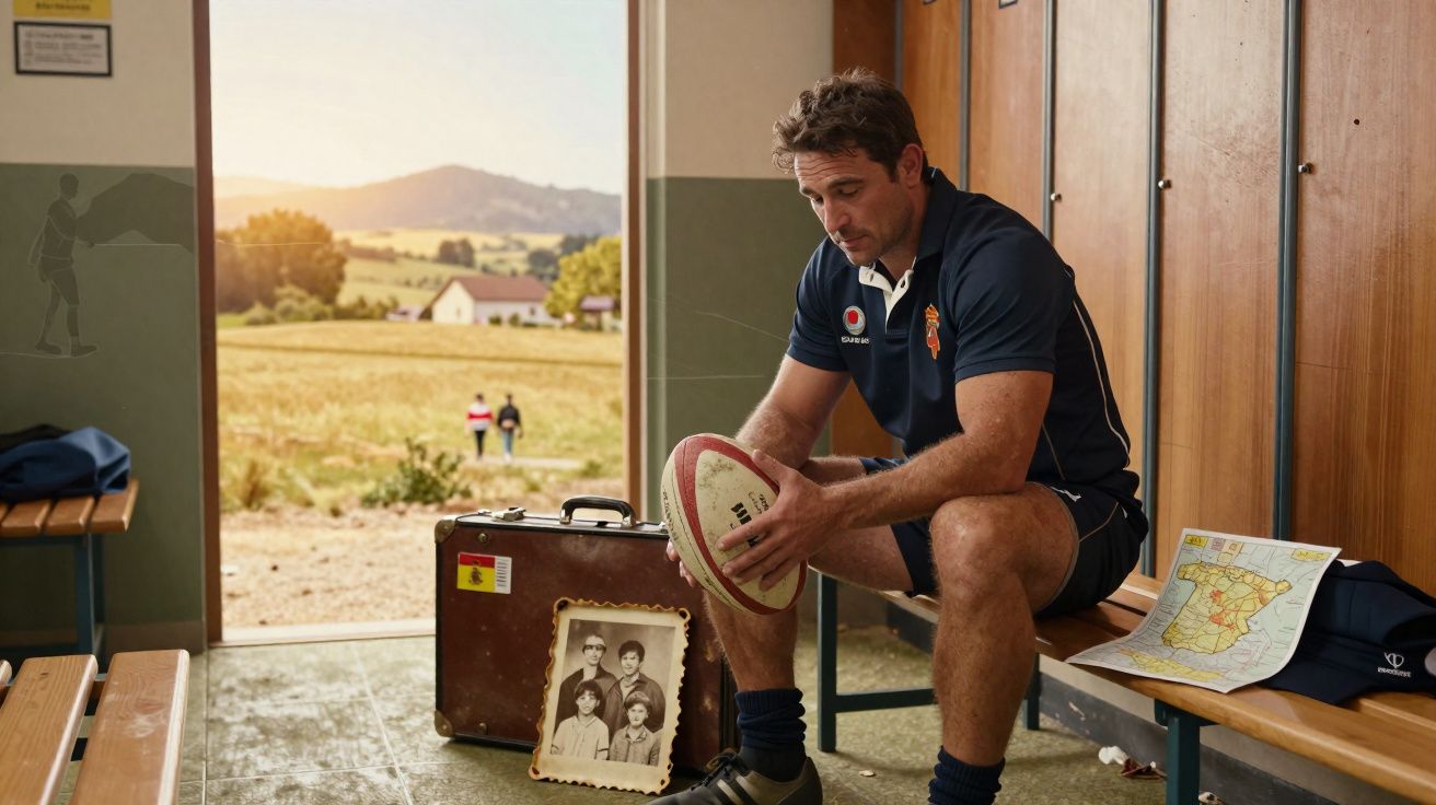 Ein Mann in Rugby-Montur sitzt im Umkleideraum, hält einen Ball, neben ihm ein Koffer mit Foto und eine Kartenübersicht.