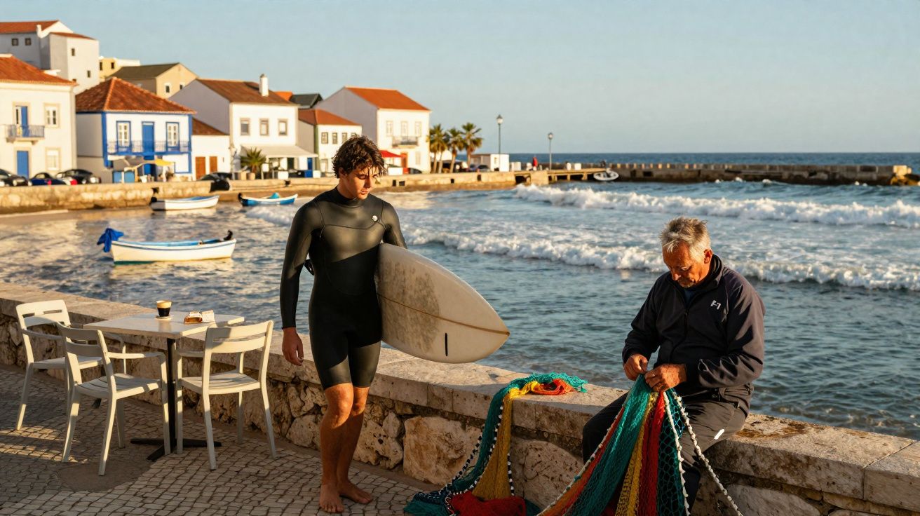 Junger Surfer mit Surfboard am Meer, während ein älterer Mann ein buntes Fischernetz repariert.