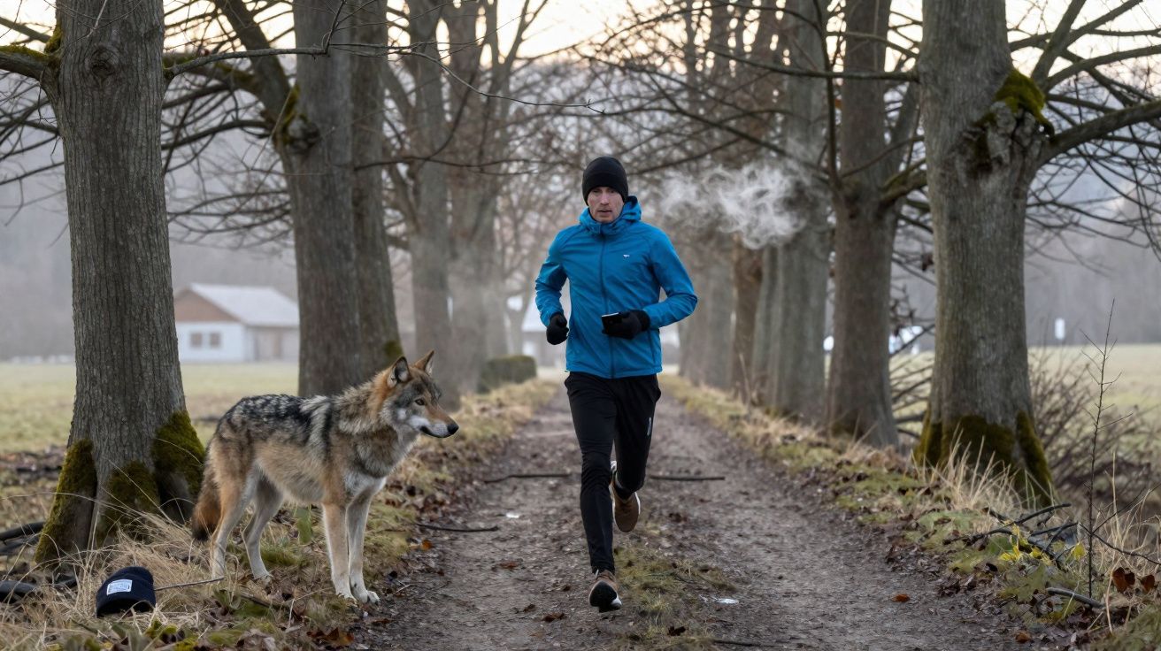 Mann in blauer Jacke joggt auf Waldweg, ein großer Hund oder Wolf steht am Wegesrand.