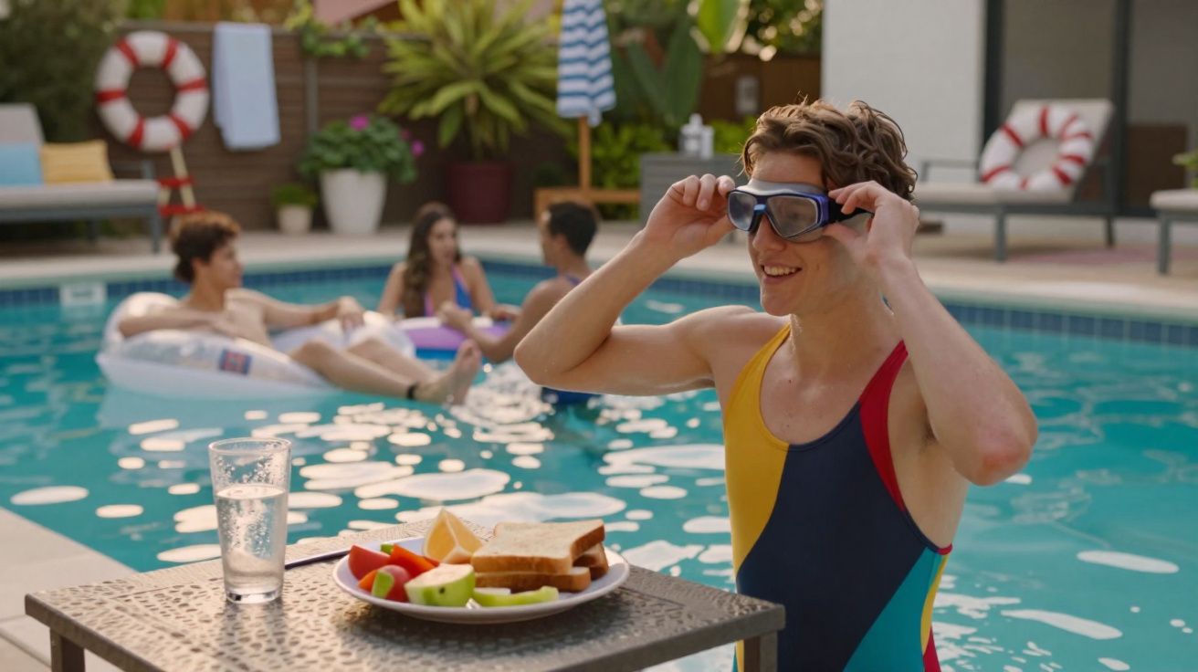 Junger Mann mit Schwimmbrille am Pool, im Hintergrund Menschen auf Luftmatratzen, Essen auf Tisch.