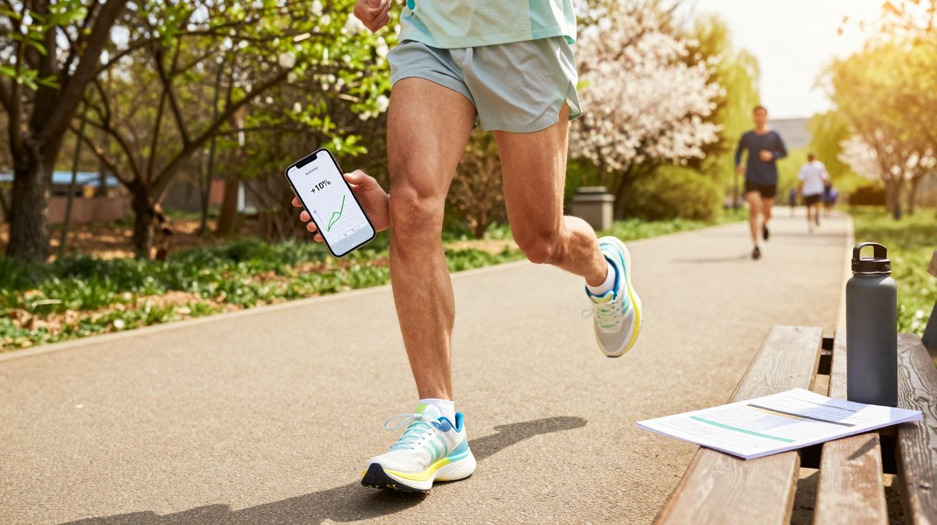 Person joggt im Park und hält ein Smartphone mit Fitness-App in der Hand, Sonnenlicht und Frühlingsbäume im Hintergrund.