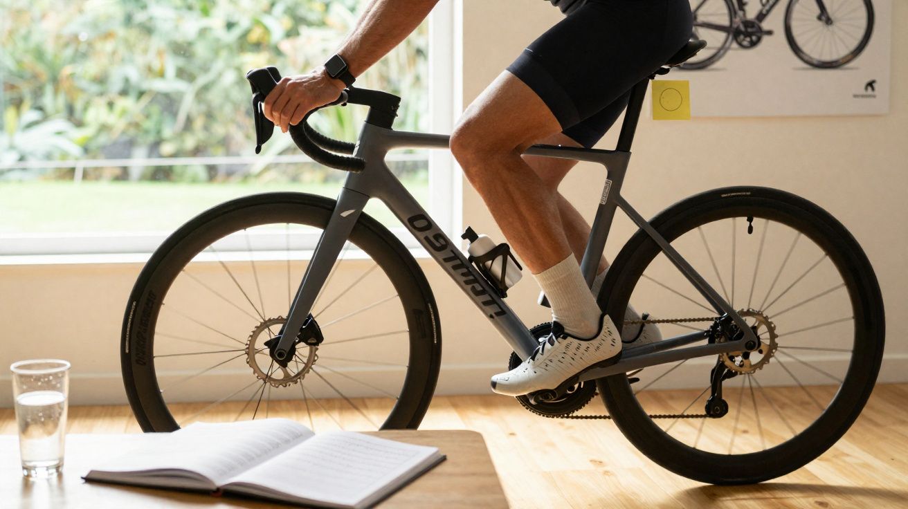 Person trainiert auf einem Fahrradtrainer in einem hellen Raum mit offenem Buch und Glas Wasser auf dem Tisch.