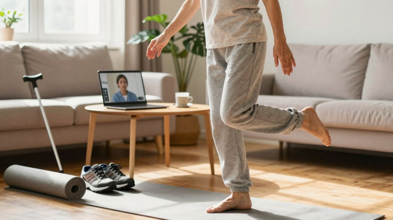 Person macht Balance-Übungen barfuß auf Yogamatte im Wohnzimmer mit Online-Videoanleitung auf Laptop.