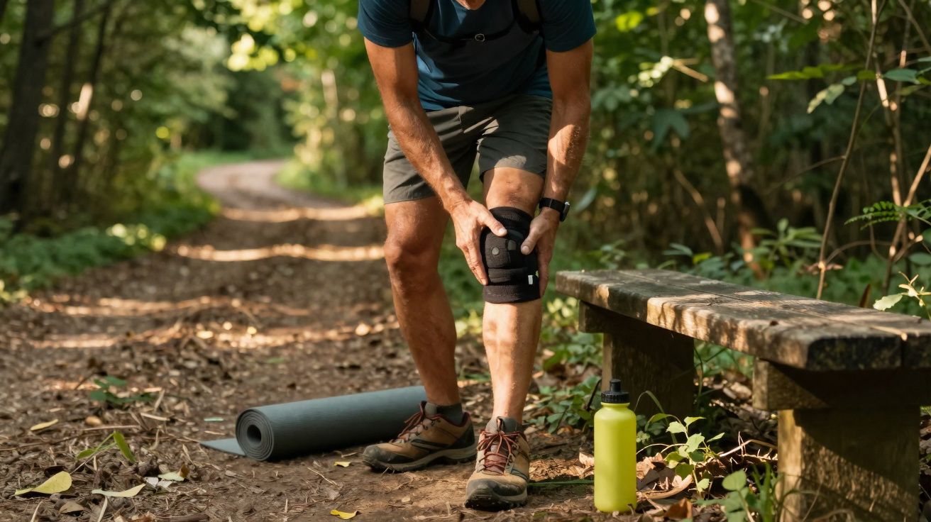 Mann mit Kniebandage greift sich im Waldweg an das schmerzende Knie, neben Matte, Bank und Trinkflasche.