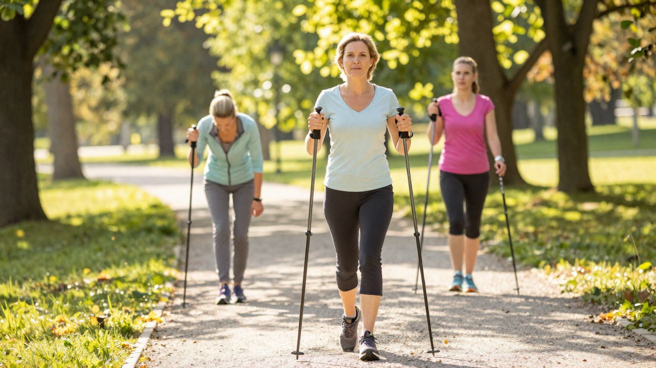 Drei Frauen beim Nordic Walking auf einem sonnigen Waldweg mit Bäumen im Hintergrund.